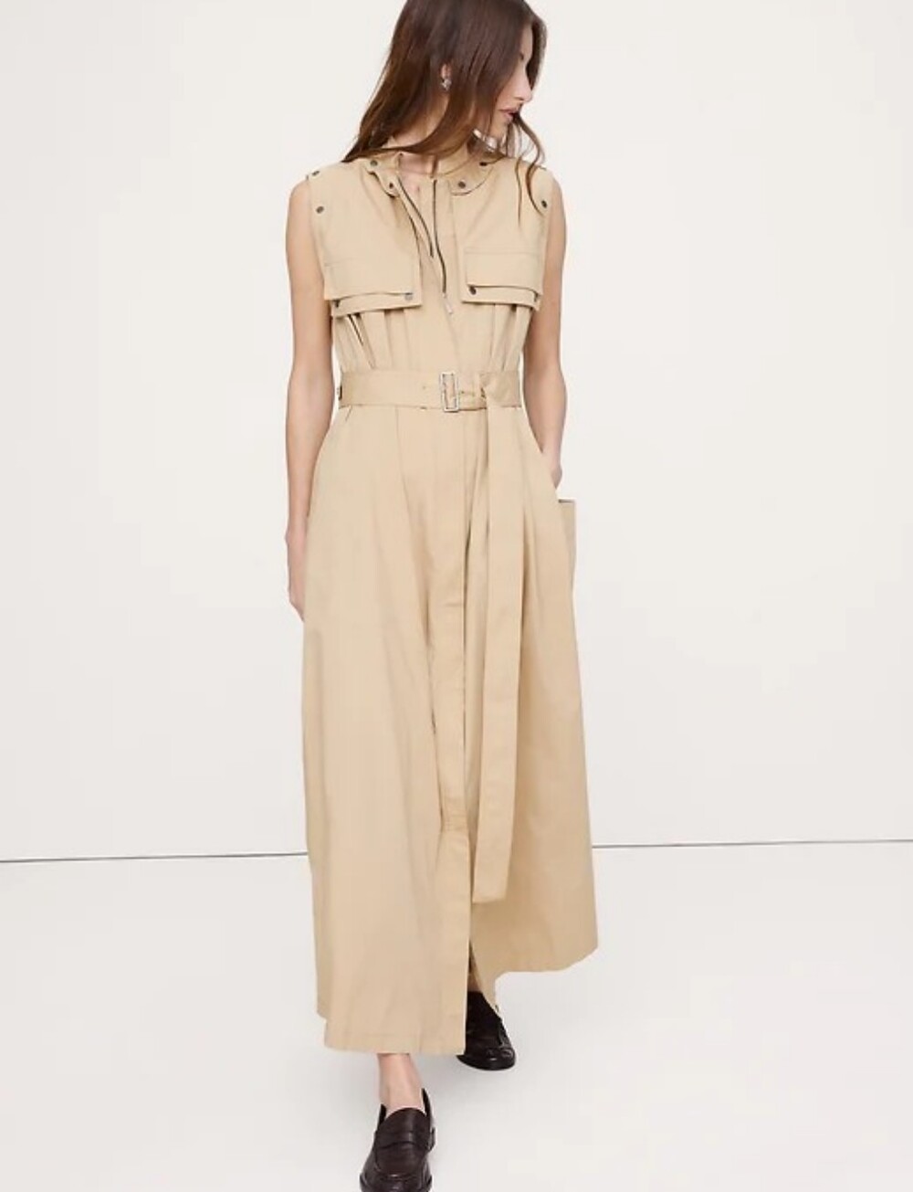 NWT BR Stretch-Cotton Utility Maxi Dress Size L In Sand Starfish Beige
